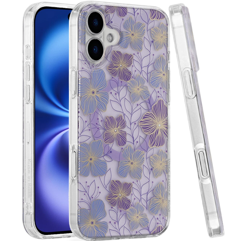 For Apple iPhone 17 Pro Stylish Pattern Fashion IMD Printed Design TPU Double Layer Slim Shockproof with Magnetic Back Case Cover Purple Flower