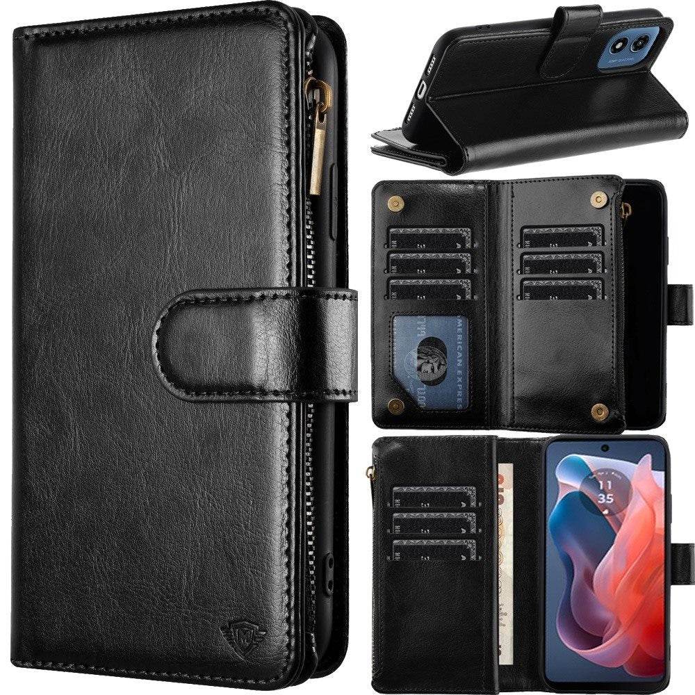 For Apple iPhone 16 Pro Max (6.9") Premium Leather Zipper Wallet with Credit Card Slots Money Pocket Luxury Clutch Pouch Stand & Strap Case Cover Black