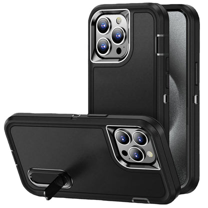 For Apple iPhone 15 Hybrid 3 Layers Hard 3in1 Shockproof with Kickstand Heavy Duty Hard TPU Rubber Anti-Drop Case Cover Black