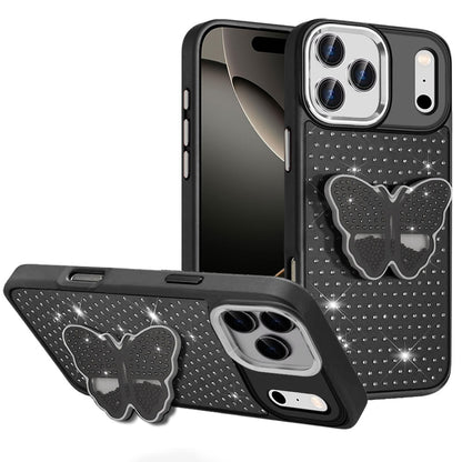 For Apple iPhone 17 Pro Max (6.9") Butterfly Moveable Grip 3D Pop Stand Full Diamond Bling Sparkling TPU Fashion Hybrid Case Cover