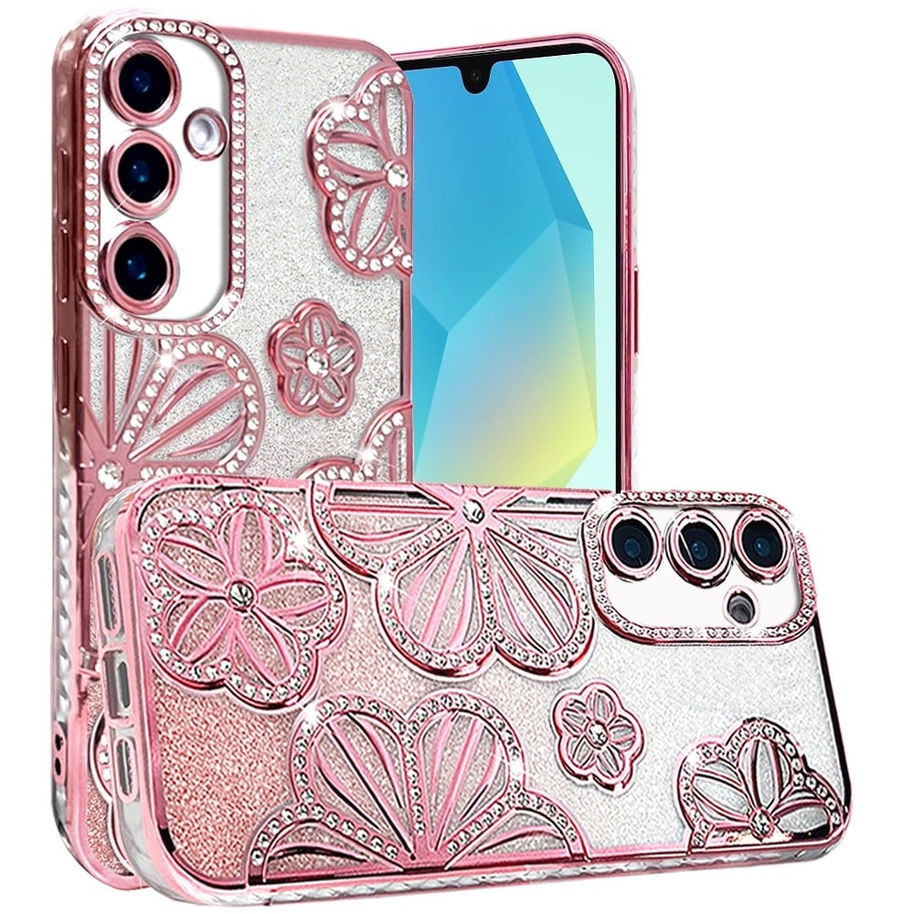 For Samsung Galaxy A16 5G Luxury Flower Design Sparkle Glitter Diamond Rhinestone Shimmer Bling Plating Thick TPU Hard PC Case Cover Gold