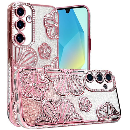 For Samsung Galaxy A16 5G Luxury Flower Design Sparkle Glitter Diamond Rhinestone Shimmer Bling Plating Thick TPU Hard PC Case Cover Gold