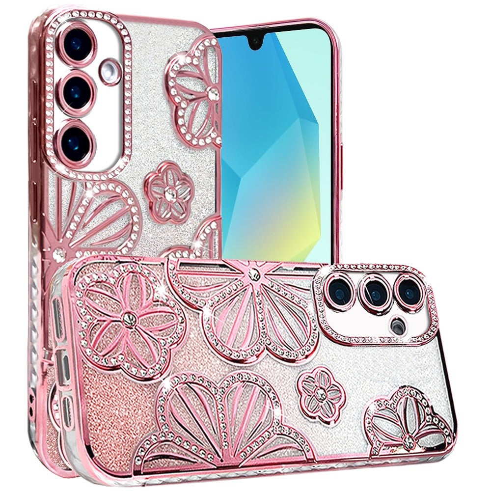 For Samsung Galaxy A16 Luxury Flower Design Sparkle Glitter Diamond Rhinestone Shimmer Bling Plating Thick TPU Hard PC Case Cover Flower Rose Gold