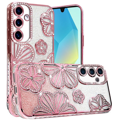For Samsung Galaxy A16 Luxury Flower Design Sparkle Glitter Diamond Rhinestone Shimmer Bling Plating Thick TPU Hard PC Case Cover Flower Rose Gold