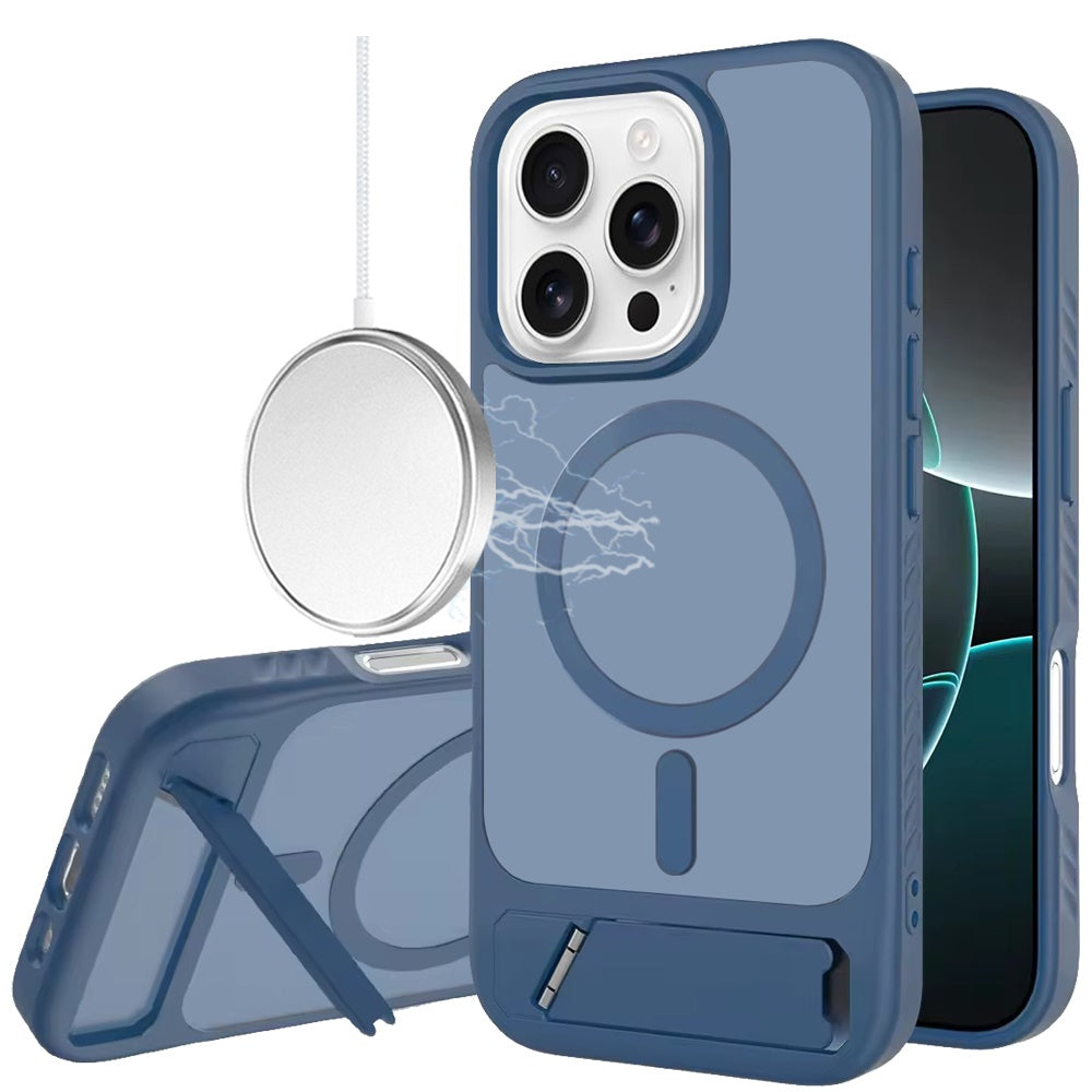 Phone Case for Apple iPhone 16 Pro Max Matte Magnetic Metal Kickstand Shockproof Grip Anti Slip Durable Protective Heavy Duty Hybrid Cover Royal blue