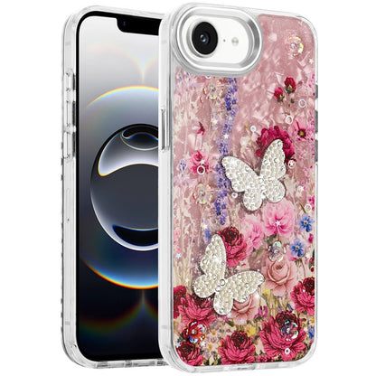 For Apple iPhone 16e Epoxy Glitter Flowers Bling 3D Butterfly Fashion TPU Hybrid with Shockproof Protection Case Cover