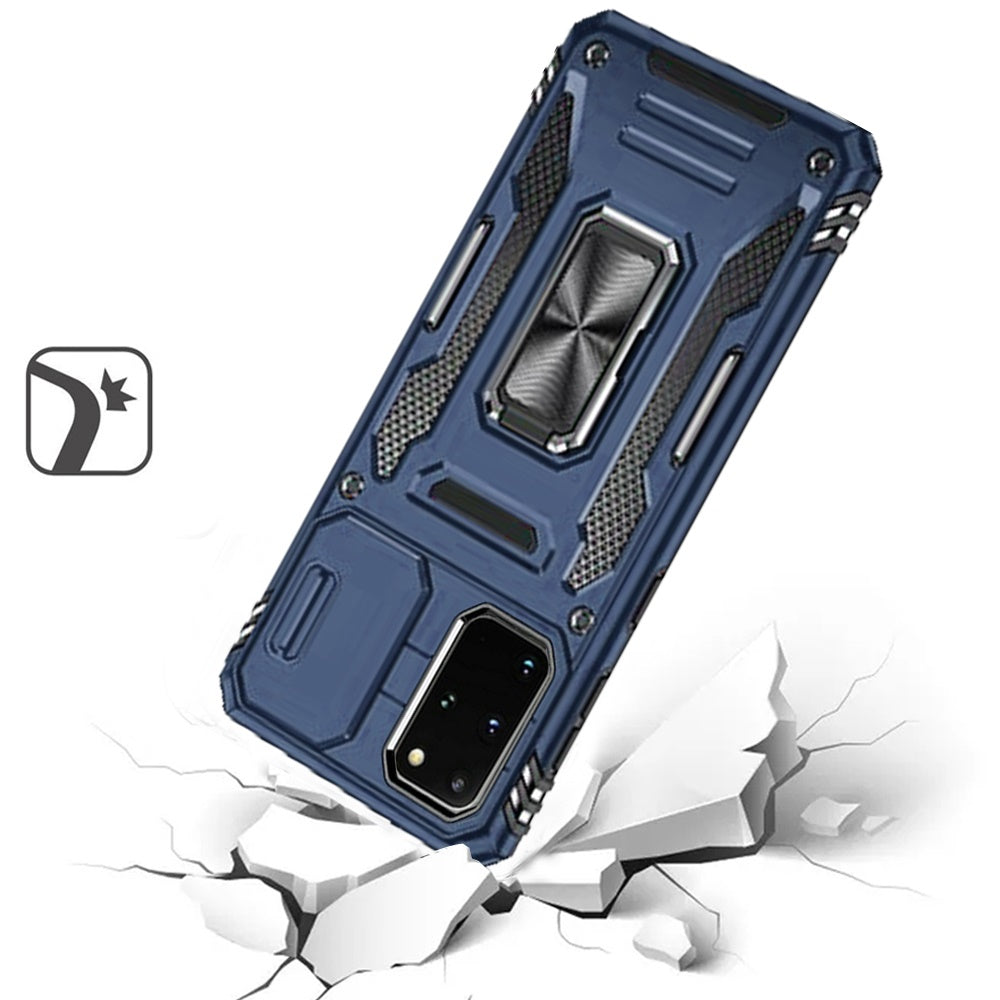 For Samsung Galaxy S20 Ultra Tough Hybrid Case with Movable Camera Window & Metal Ring Stand Shockproof Case Cover Blue