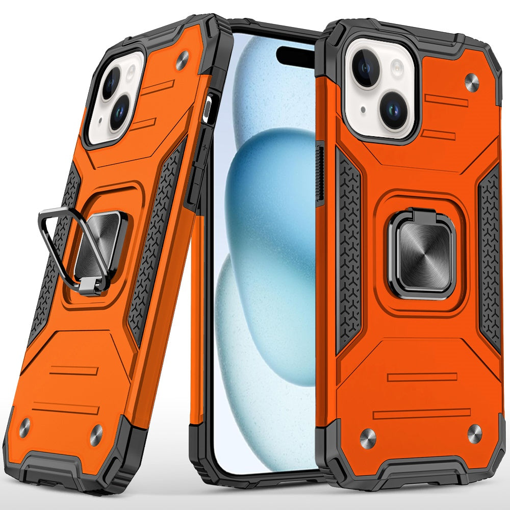 For iPhone 15 (6.1") Armor Hybrid Magnetic Stand with Ring Holder Kickstand Shockproof Heavy-Duty Durable Rugged TPU Dual Layer Case Cover Cosmic Orange