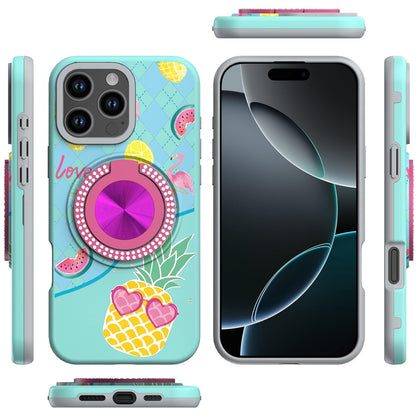For Apple iPhone 16 Pro Pattern Design Hybrid with Invisible Ring Stand & Magnetic Back, Shockproof Protective Grip Case Cover