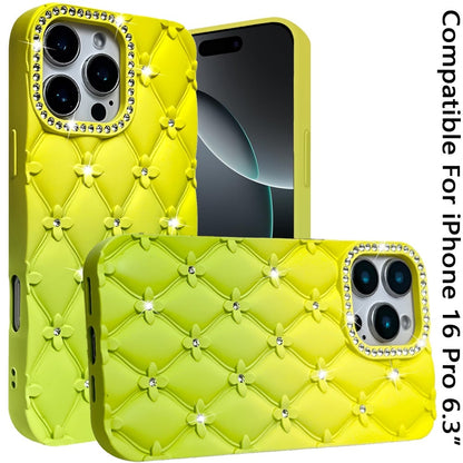 For Apple iPhone 16 Pro Fashion Flower Design Sparkle Glitter Shimmer Rhinestone Bling Floral Accents, Leather Texture TPU Case Cover