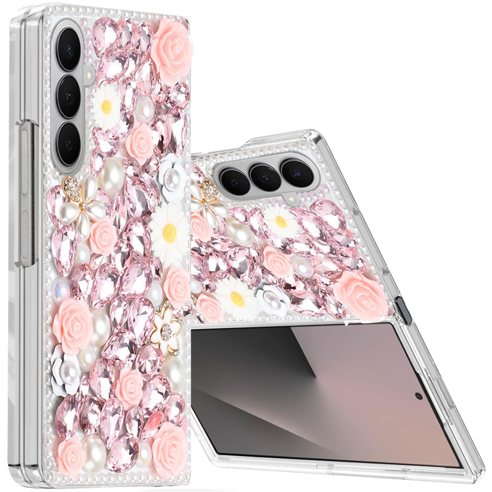 For Samsung Galaxy Z Fold 7 Fashion Rose Flower Floral Bling Crystal 3D Full Diamonds Pearl Sparkle Rhinestone Glitter Hybrid Case Cover