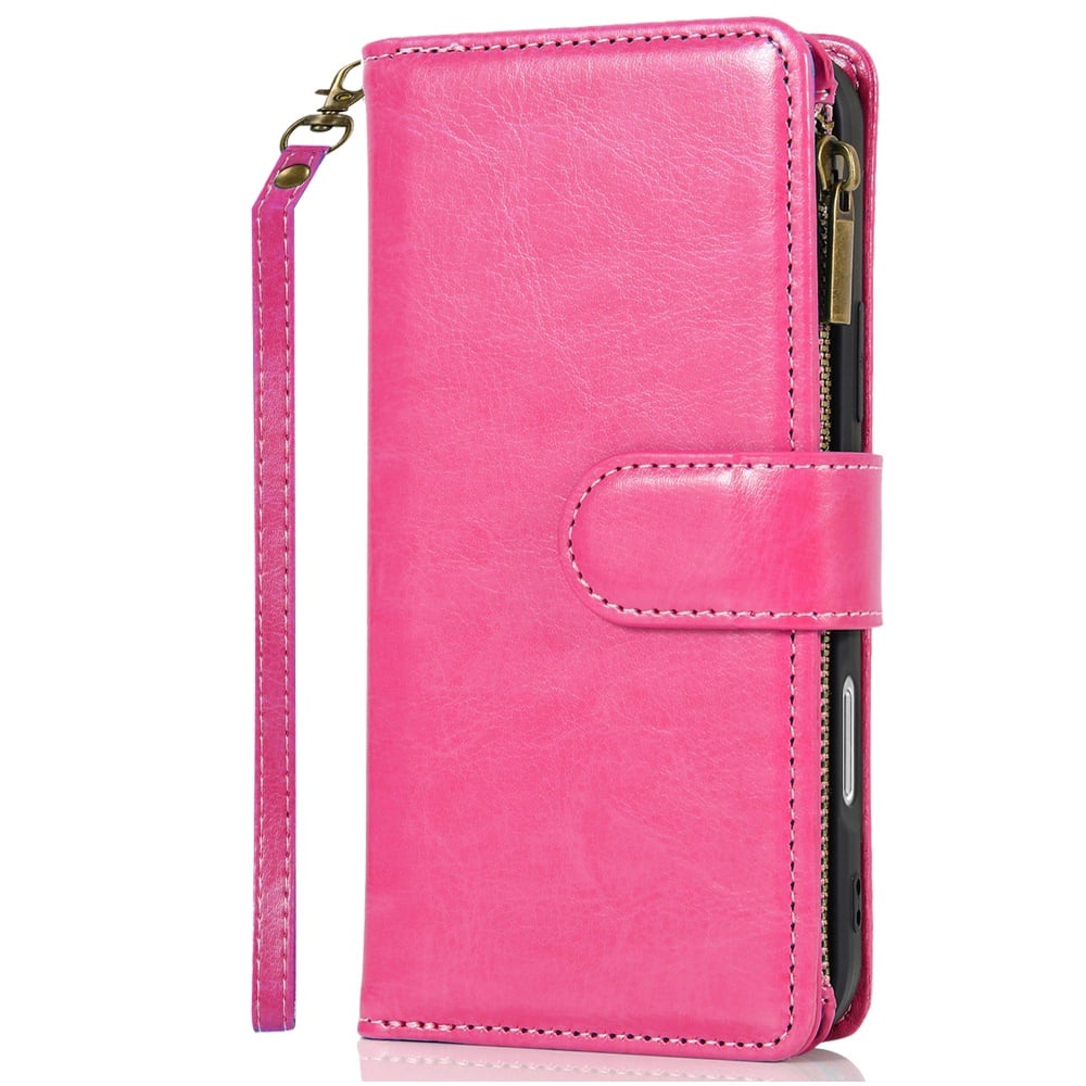 Phone Case for Apple iPhone 16 Luxury Leather Wallet Card Holder Zipper Pocket Money Storage Protective Grip Design with Strap Cover Hot Pink