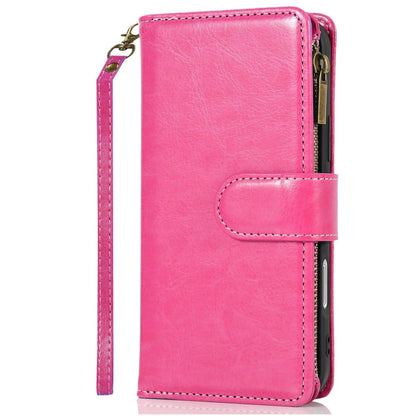Phone Case for Apple iPhone 16 Luxury Leather Wallet Card Holder Zipper Pocket Money Storage Protective Grip Design with Strap Cover Hot Pink