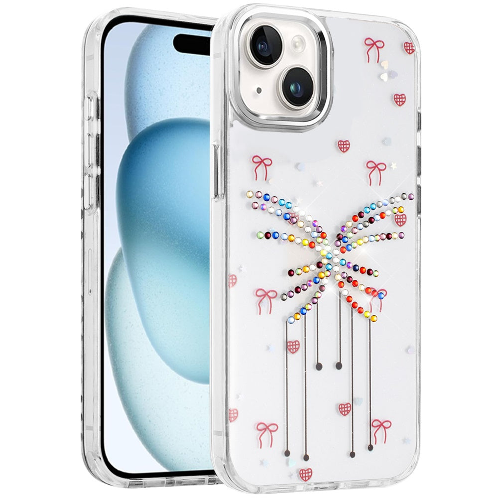 For iPhone 15 (6.1") Butterfly Resin Epoxy Diamond Design Metal Edged Hybrid Shockproof Heavy Duty Drop Protection Case Cover