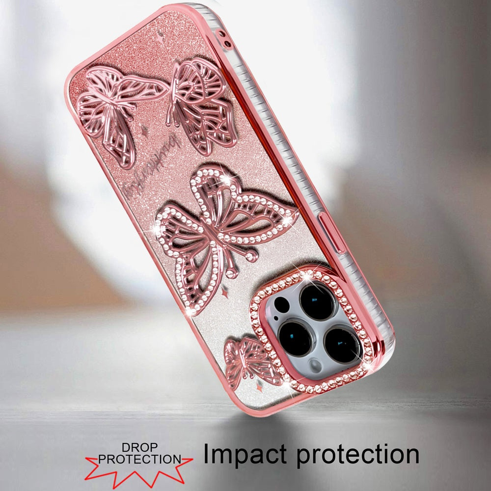 For Apple iPhone 13 Pro Luxury Butterfly Sparkle Glitter Diamond Crystal Rhinestone Shimmer Bling Plating Thick TPU Hard PC Case Cover