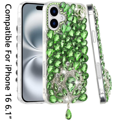 For Apple iPhone 16 (6.1") Bling Crystal 3D Full Diamonds Jewelry Luxury Sparkle Rhinestone Glitter Hybrid Protective Case Cover