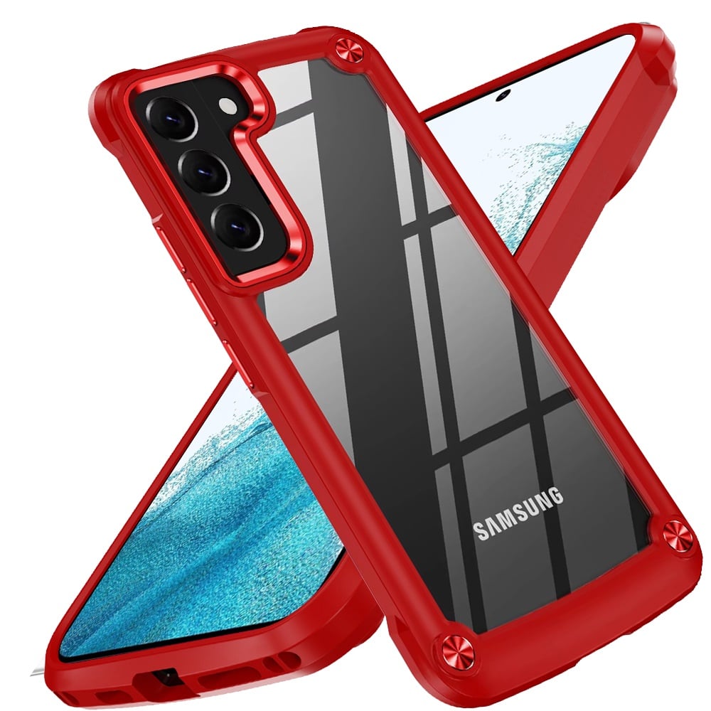 For Samsung Galaxy S22 Hybrid Transparent Rubber with Metal Buttons & Camera Edges Hard TPU Corner Frame Bumper Case Cover