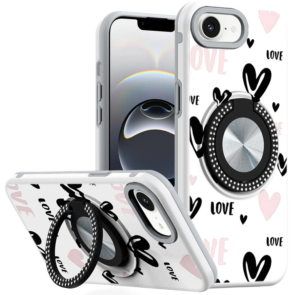 For Apple iPhone 16e Pattern Design Hybrid with Invisible Ring Stand & Magnetic Back, Shockproof Protective Grip Case Cover Love Heart Love