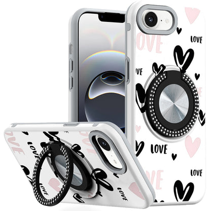 For Apple iPhone 16e Pattern Design Hybrid with Invisible Ring Stand & Magnetic Back, Shockproof Protective Grip Case Cover Love Heart Love