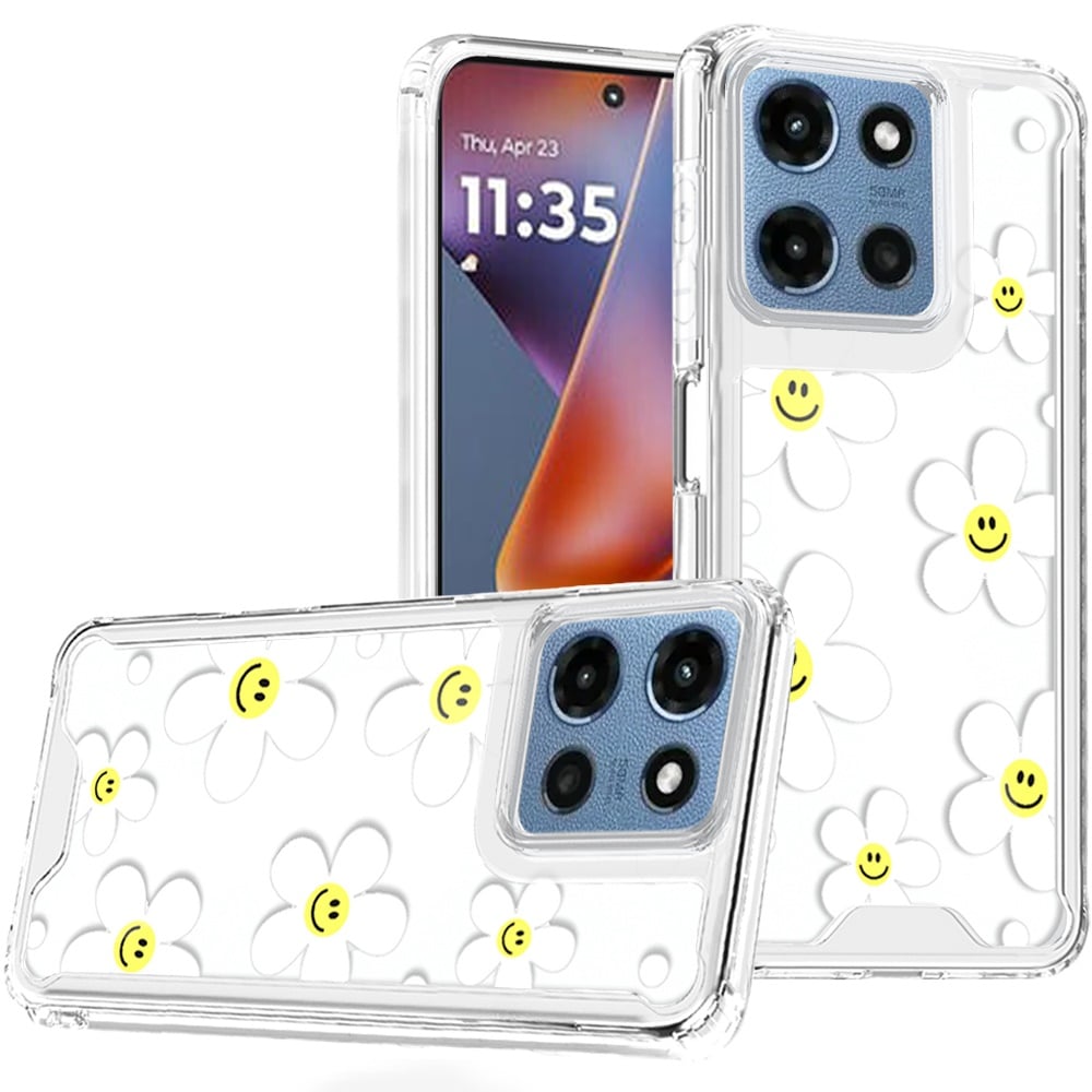Phone Case for Motorola Moto G Play 5G 2026 Beautiful Fashion Design TPU Shockproof Hybrid Rubber PC Slim Lightweight Protective Stylish Pattern Cover White Daisies with Yellow Smiley Faces