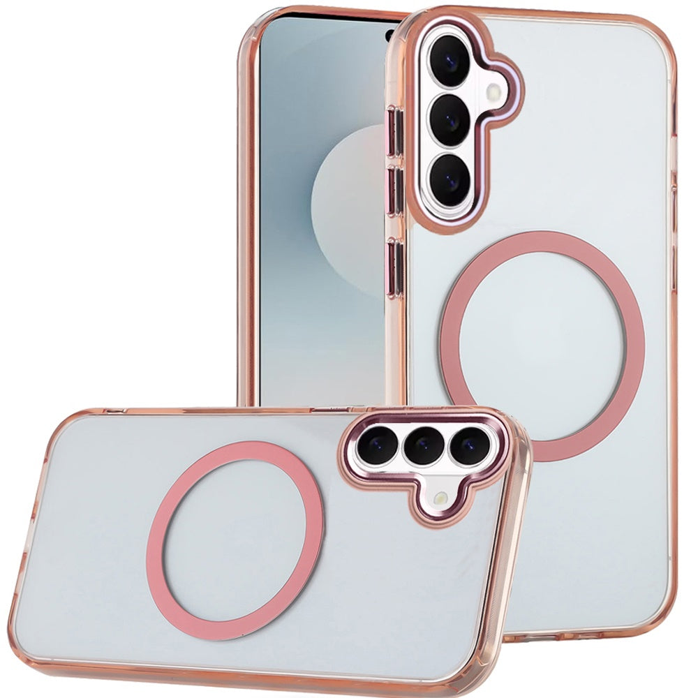 For Samsung Galaxy S26 Transparent Back Hybrid Case - Magnetic Circle, Color Frame, Metal Buttons, MagSafe Compatible Case Cover