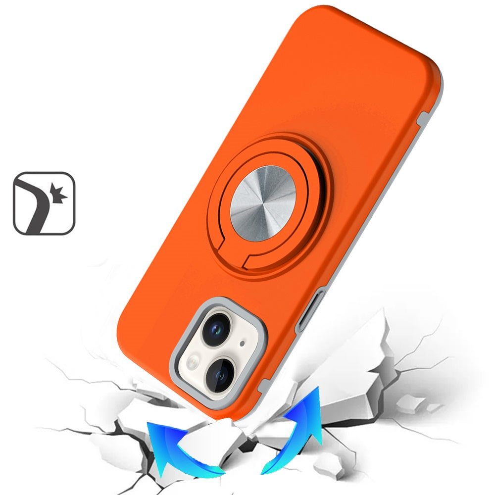 For iPhone 15 (6.1") Metal Matte Hybrid with Invisible Rotational Ring Stand, Car Mount Friendly, Military Grade Slim Fit Sturdy Case Cover Cosmic Orange