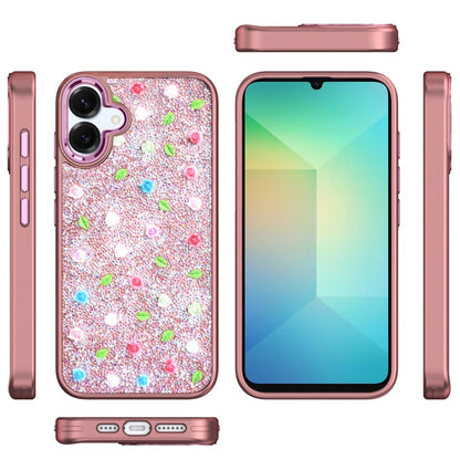 For Apple iPhone 12 /12 Pro Floral Design Embedded Glass Diamond Fancy Fashion Glitter Bling Sparkly Hybrid Rugged TPU Bumper Case Cover Rose Gold