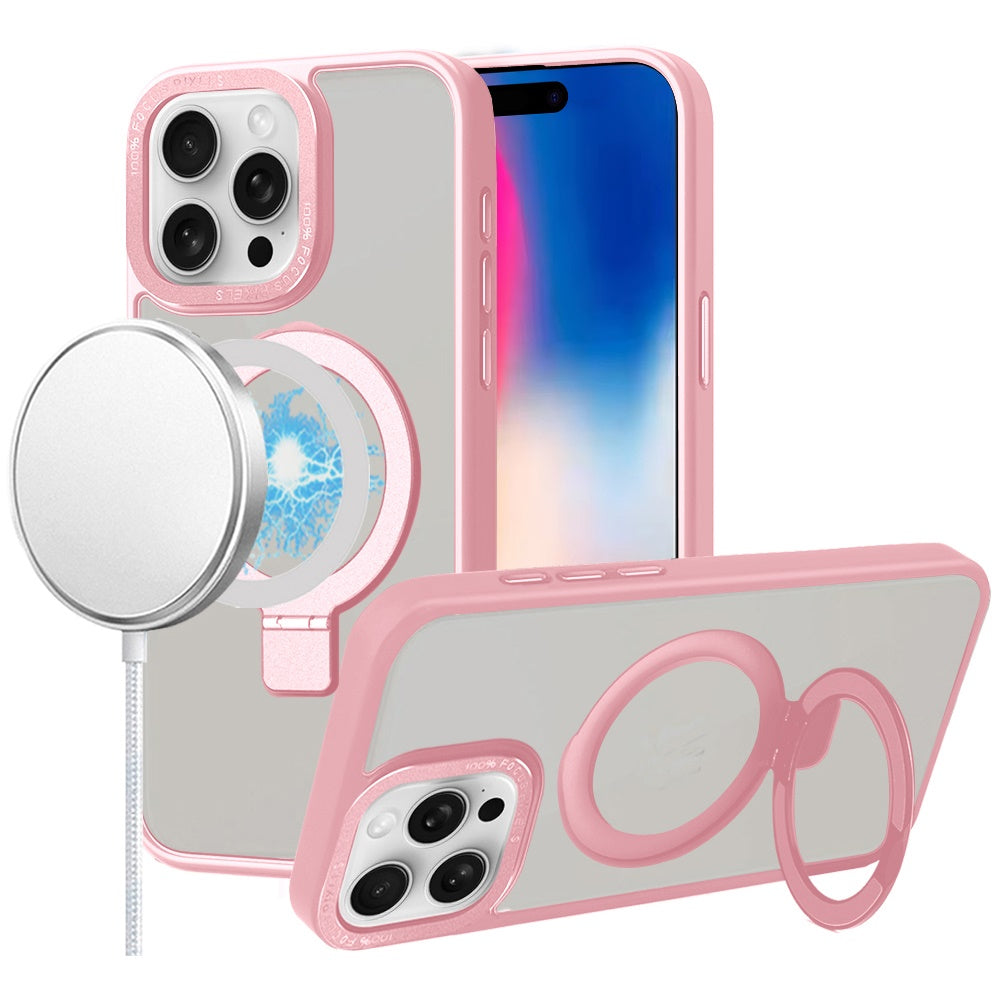 For Apple iPhone 16 (6.1") Magnetic Metal Matte Built-in Compatible with MagSafe Stand Hybrid Shock Armor TPU Case Cover Pink