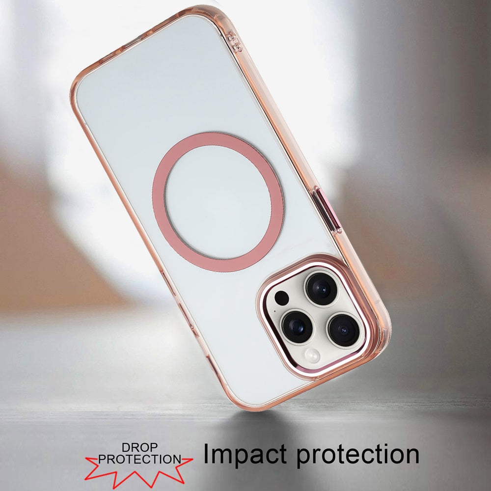 For Apple iPhone 13 Pro Max Transparent Back Hybrid Case - Magnetic Circle, Color Frame, Metal Buttons, MagSafe Compatible Case Cover