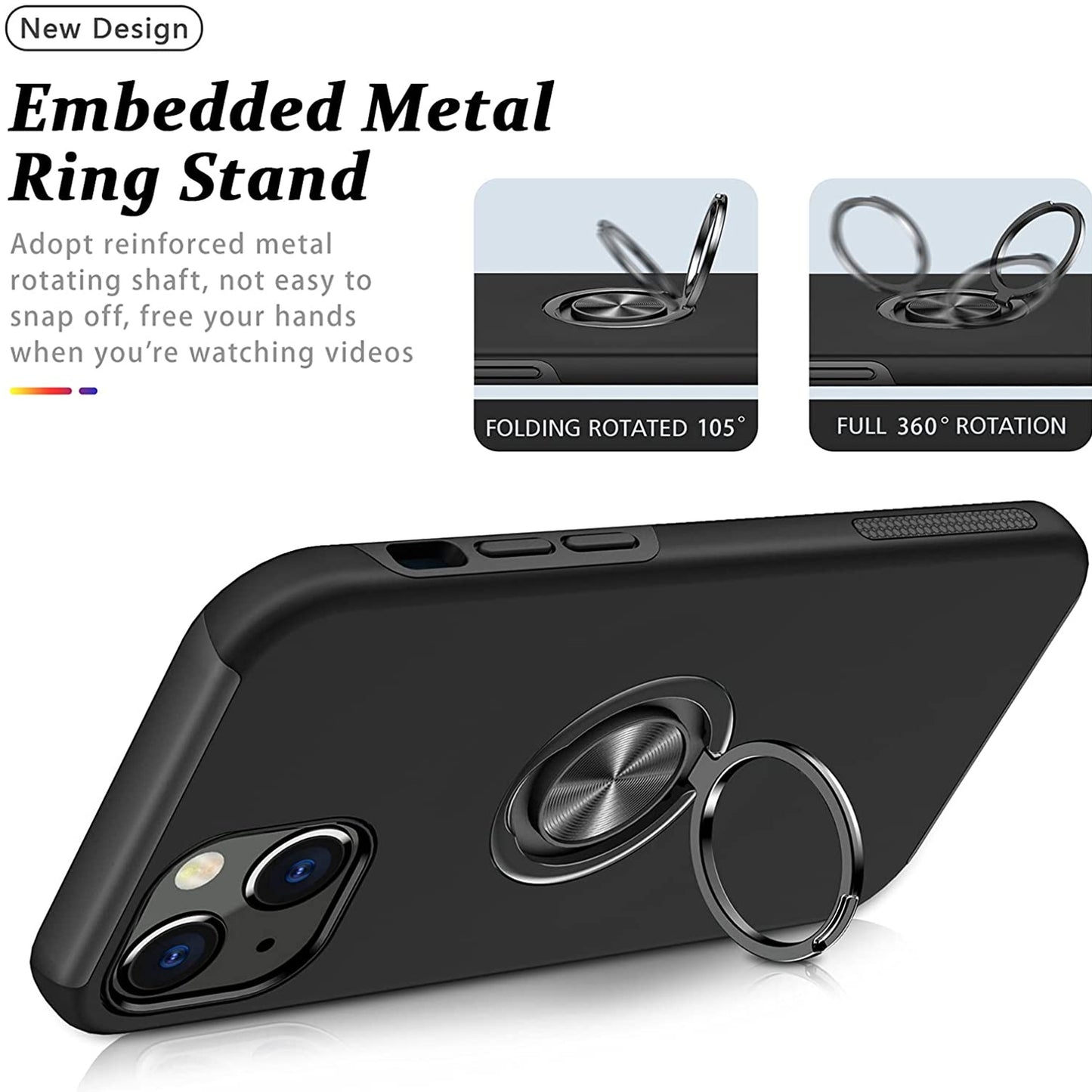 For Samsung Galaxy A03S Military Grade Hybrid Case with Flat Metal Ring 360° Rotation Kickstand, Slim Fit Back Hard PC Case Cover Black