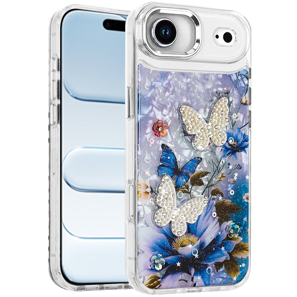 For Apple iPhone 17 Air (6.6") Epoxy Glitter Flowers Bling 3D Butterfly Fashion TPU Hybrid with Shockproof Protection Case Cover