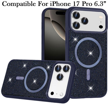 For Apple iPhone 17 Pro (6.3") Sparkly Diamond Bling Case Rhinestone Skin Hybrid with Magnetic Circle, MagSafe Compatible Case Cover