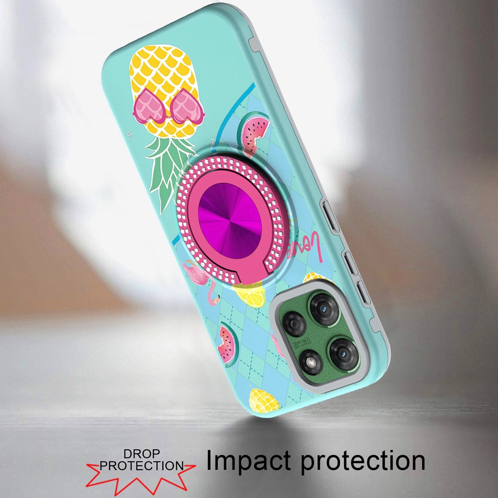 For Samsung Galaxy A16 Pattern Design Hybrid with Invisible Ring Stand & Magnetic Back, Shockproof Protective Grip Case Cover Pineapple Love Vibe