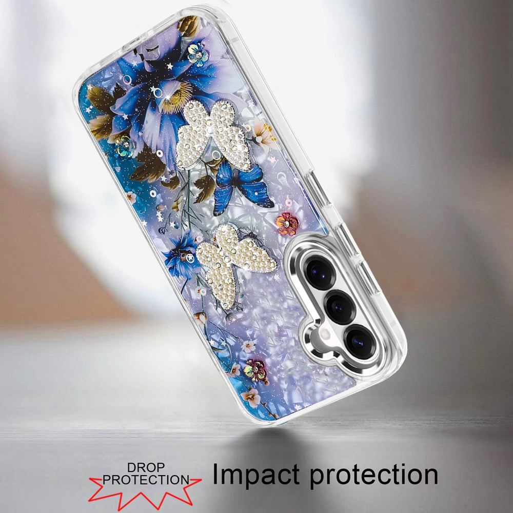 For Samsung Galaxy S26+ / S26 Plus Epoxy Glitter Flowers Bling 3D Butterfly Fashion TPU Hybrid with Shockproof Protection Case Cover