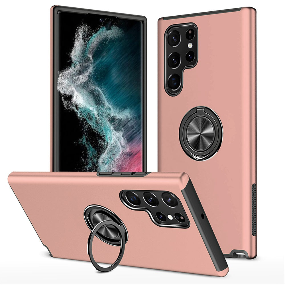 For Samsung Galaxy S23 Hybrid 360 Degree Rotatable Metal Invisible Ring Stand Holder Slim Fit Magnetic Car Mount Shockproof Case Cover Pink