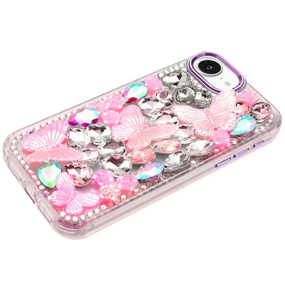 For Apple iPhone 16e 3D Diamond Floral Butterfly Bling Stone Hybrid, Sparkly Rhinestone Gemstone Back Shockproof Case Cover