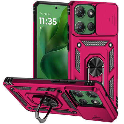 For Motorola Moto G 5G 2025 Hybrid Ring Shockproof with 360° Rotate Ring Kickstand, Camera Lens Protection, Soft Edge Bumper Case Cover Hot Pink