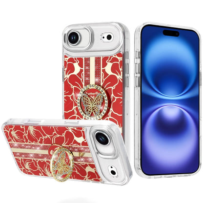 For Apple iPhone 17 Air (6.6") Diamonds 3D Butterfly Floral Design Bling Sparkly Glitter Hybrid Metal Fashion with Ring Stand Case Cover