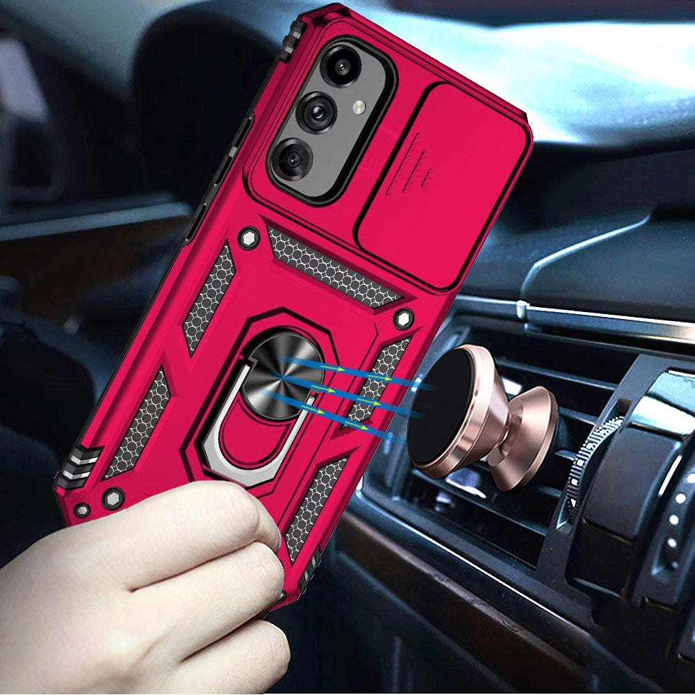 For Motorola Moto G 5G 2025 Hybrid Ring Shockproof with 360° Rotate Ring Kickstand, Camera Lens Protection, Soft Edge Bumper Case Cover Hot Pink