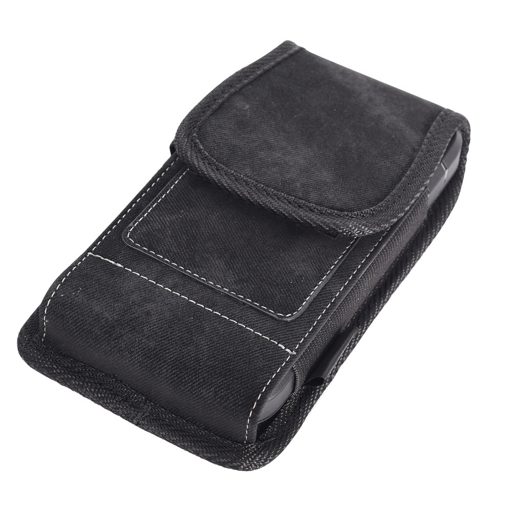 For Apple iPhone 16 (6.1") Universal Vertical Denim Fabric Case Holster with 2 Card Slots, Pen Holder, Belt Clip Loop & Hook Carrying Medium Phone Pouch [Black Denim]