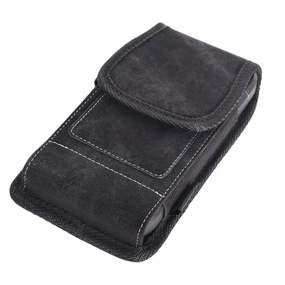 For Apple iPhone 16 (6.1") Universal Vertical Denim Fabric Case Holster with 2 Card Slots, Pen Holder, Belt Clip Loop & Hook Carrying Medium Phone Pouch [Black Denim]