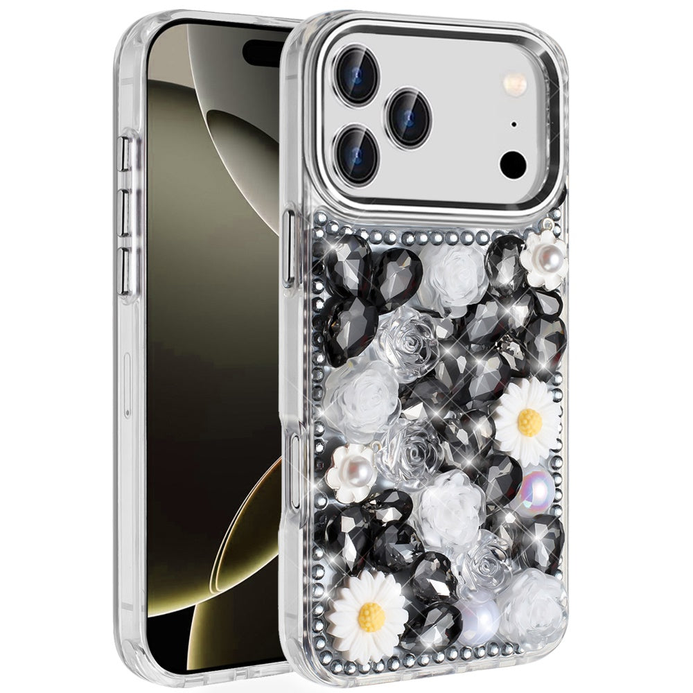 For Apple iPhone 17 Pro Max (6.9") Fashion Daisy Floral Series, Full 3D Bling Crystal Diamonds Sparkling Rhinestone Glitter Hybrid Design Case Cover