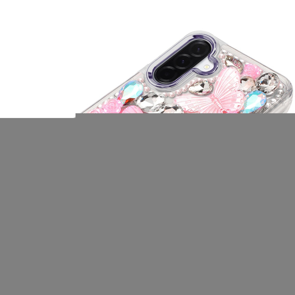 For Samsung Galaxy S25 FE, S25 Fan Edition 3D Diamond Floral Butterfly Bling Stone Hybrid, Sparkly Rhinestone Gemstone Back Shockproof Case Cover Purple