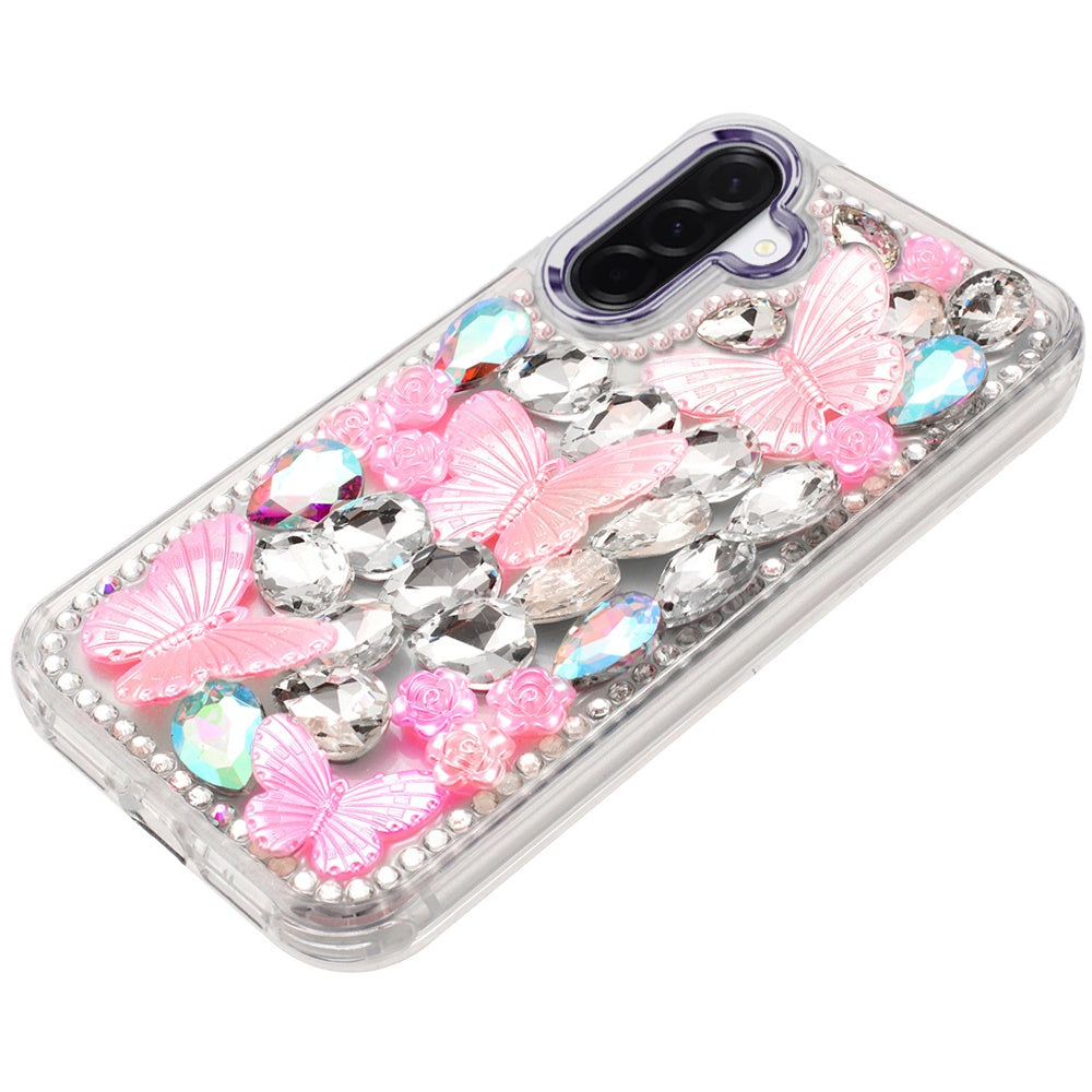 For Samsung Galaxy A17 5G 3D Diamond Floral Butterfly Bling Stone Hybrid, Sparkly Rhinestone Gemstone Back Shockproof Case Cover