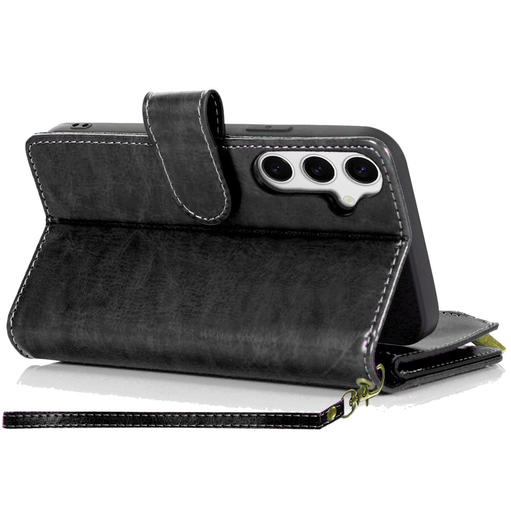 For Samsung Galaxy S25+ /S25 Plus /S24+ Plus Leather Wallet Case with Zipper, 9 Card Slots, Cash Pocket, Stand & Strap, Clutch Pouch Design Case Cover Black