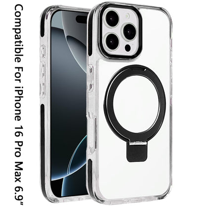 For Apple iPhone 16 Pro Max (6.9") Hybrid Transparent Circle Back Ring Kickstand [Compatible with MagSafe] Shockproof Color Frame Bumper Case Cover