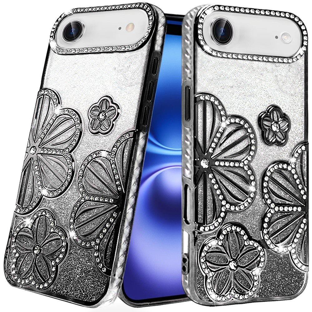 For Apple iPhone 17 Air (6.6") Luxury Flower Design Sparkle Glitter Diamond Rhinestone Shimmer Bling Plating Thick TPU Hard PC Case Cover