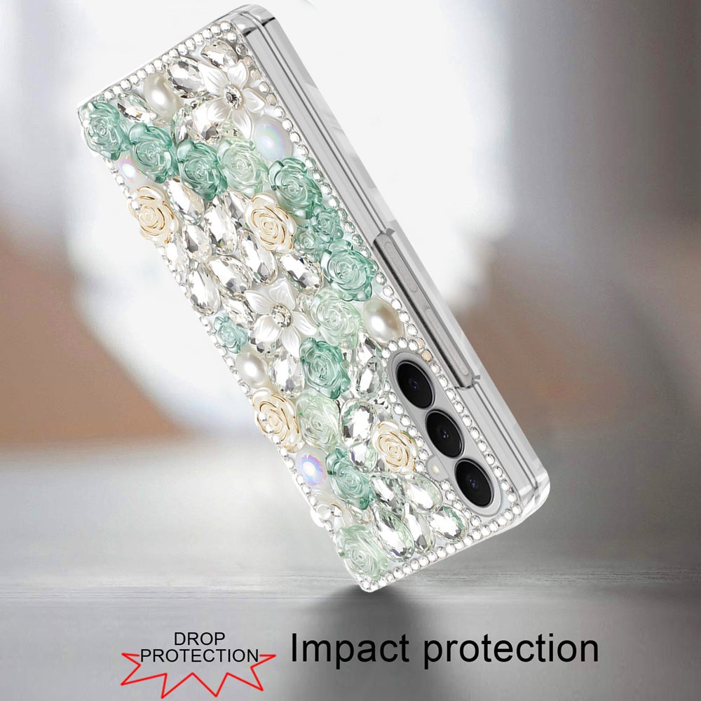 For Samsung Galaxy Z Fold 7 Fashion Rose Flower Floral Bling Crystal 3D Full Diamonds Pearl Sparkle Rhinestone Glitter Hybrid Case Cover