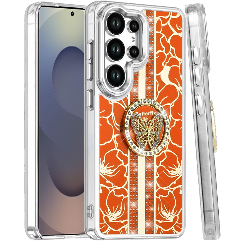 For Samsung Galaxy S25 Ultra Diamonds 3D Butterfly Floral Design Bling Sparkly Glitter Hybrid Metal Fashion with Ring Stand Case Cover Cosmic Orange