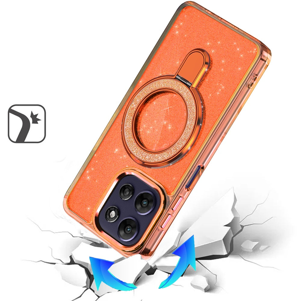 For Motorola Moto G Play 5G 2026 Transparent Glitter Bling Case with Rotating Magnetic Ring Stand, Shockproof Hybrid Case Cover Cosmic Orange
